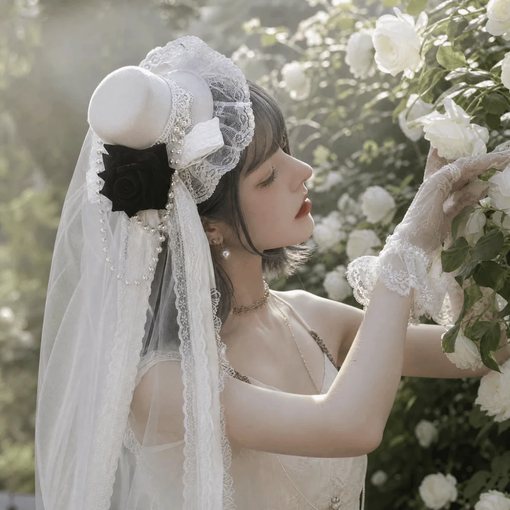 Lace Gothic Lace Veil Rose Decoration Elegant Style Mini Top Chiffon Rose Hat Victorian Chain Detail Retro Small Top Hat