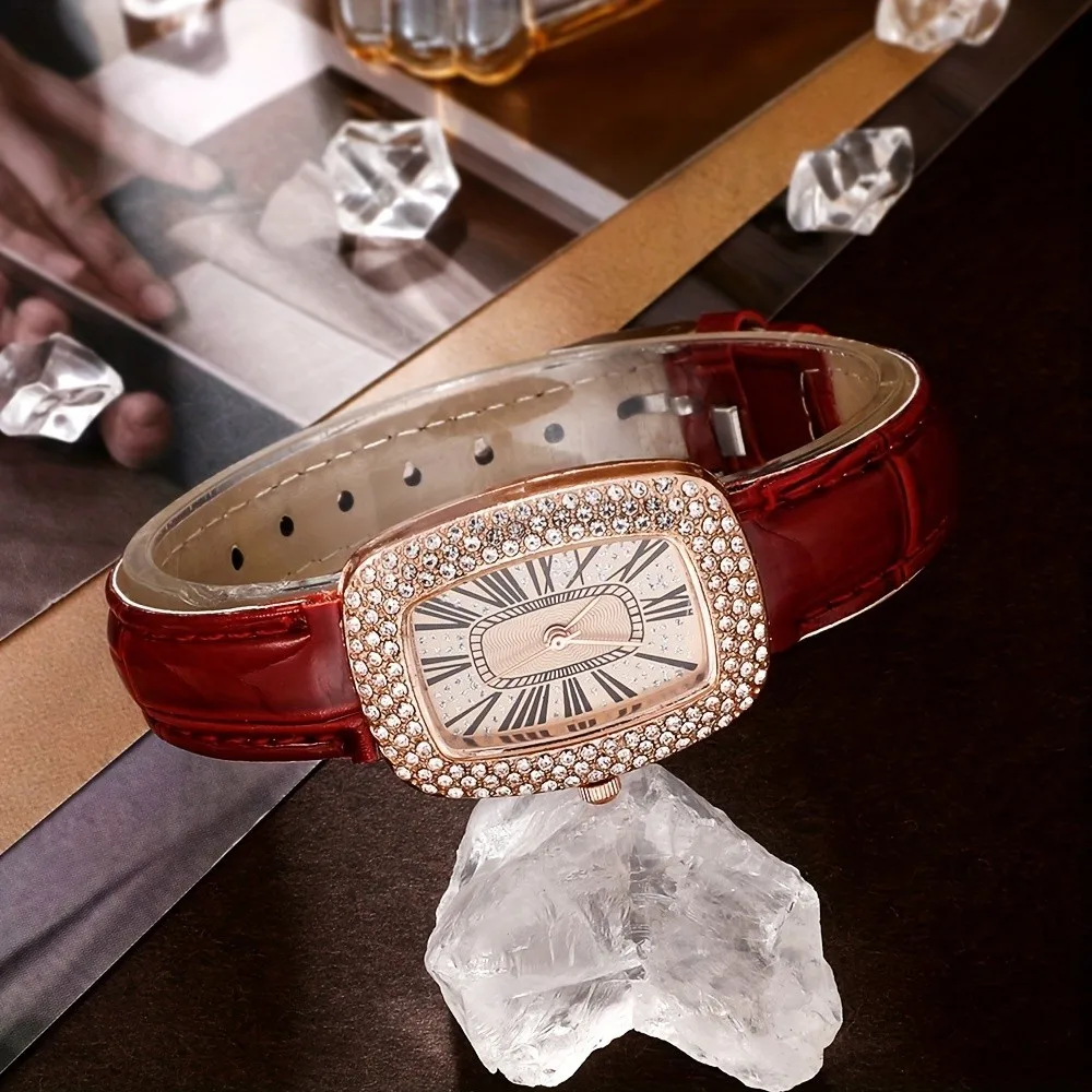 Kegllect 6 шт. женские часы винтажные кварцевые часы с указателем Tonneau роскошные аналоговые наручные часы со стразами и комплект ювелирных изделий