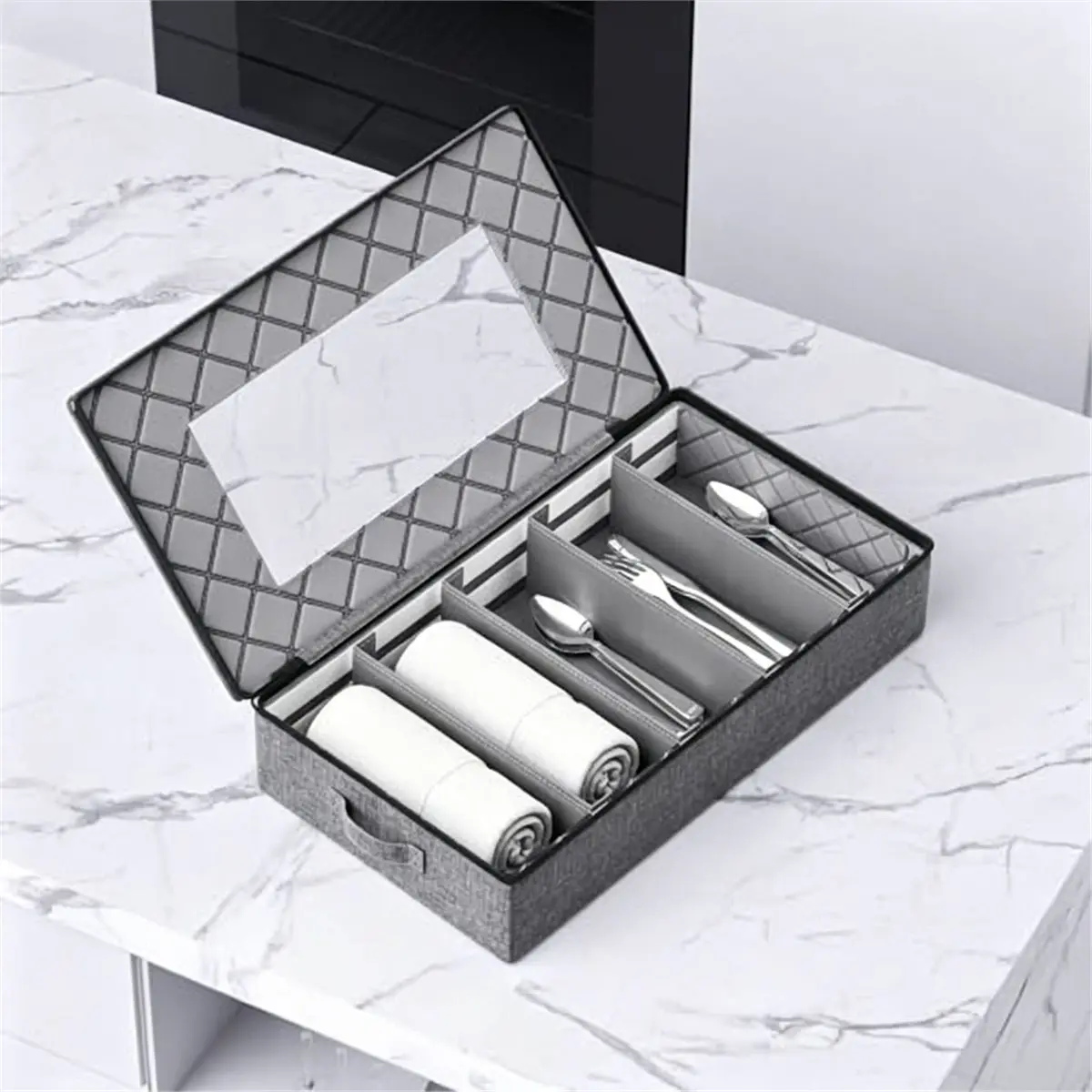 Silverware Storage Box -Adjustable Divider Hard Shell Flatware Organizer with Clear Window and Zipper