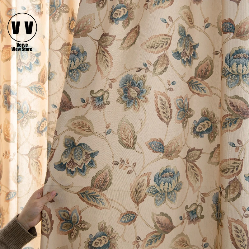 

American Curtain Retro Pastoral Style Printing Curtains for Living Room Bedroom Window Balcony Semi-shading Coarse Cotton Luxury