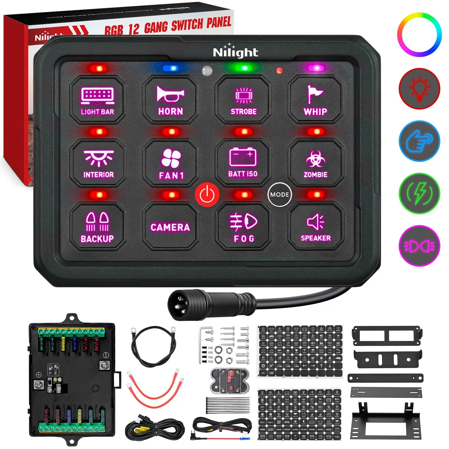 Nilight 12 Gang Switch Panel APP RGB 12V 24V Circuit Control System 4-Mode Fuse Wiring Harness Automatic Dimmable LED Pod Toggle/Momentary/Strobe/Flash Modes for Car Pickup Truck Camper SUV