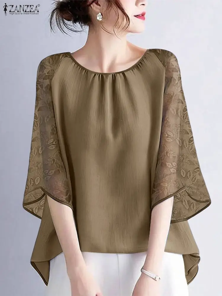 

Осенние кружевные вязаные крючком блузки ZANZEA, стильные женские топы, элегантная офисная рубашка с рукавами 3/4, повседневная лоскутная туника Femme
