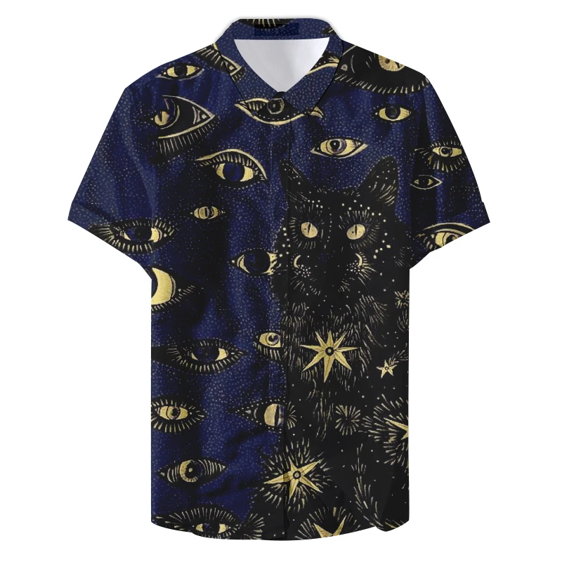 Chemise à Revers à Manches Courtes avec Motif de Chat Imprimé en 3D pour Homme, Vêtement de Personnalité avec Yeux d'Horreur, à la Mode, pour Halloween