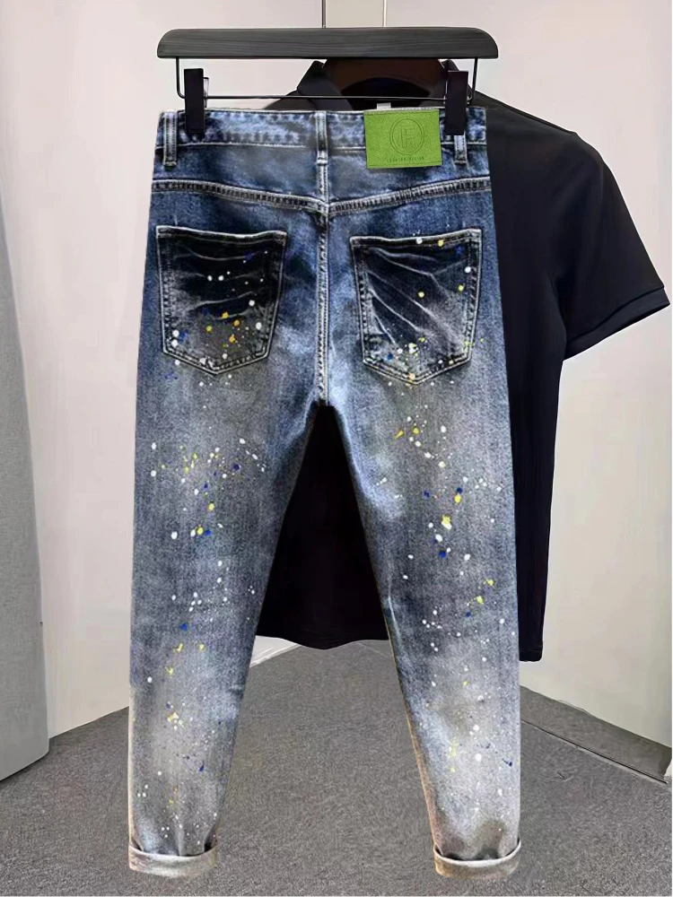 Men's Vintage Washed Blue Ripped Jeans Colorful Paint Splatter Slim Fit Stretch Denim Pants Casual Streetwear Jeans for Male