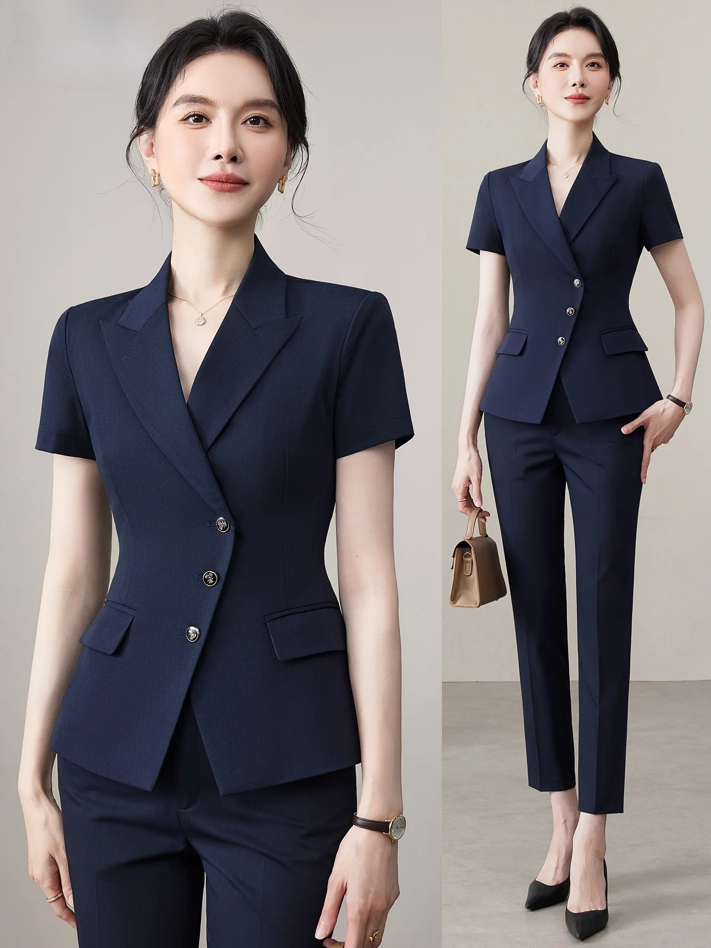 Blue Suit Set Women's Summer Professional Hotel Front Desk Receptionist Workwear High End Jewelry Store Formal Outfit
