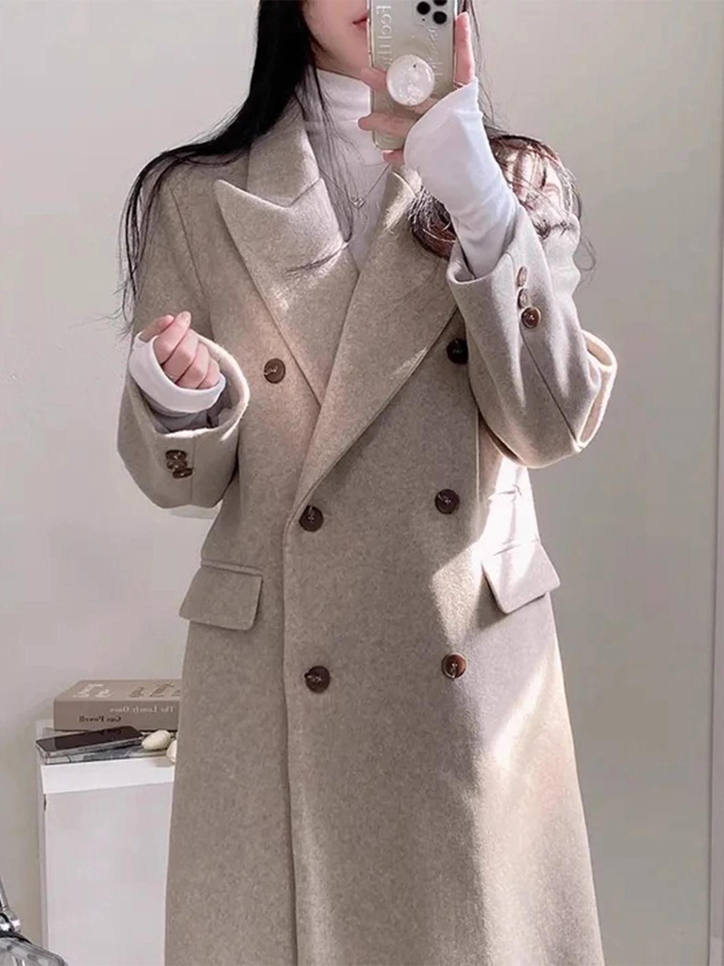 

Retro Double-Breasted Suit Sle Woolen Coat Women's Loose Midi Length Woolen Coat Korean Sle Commute Polyester Fiber