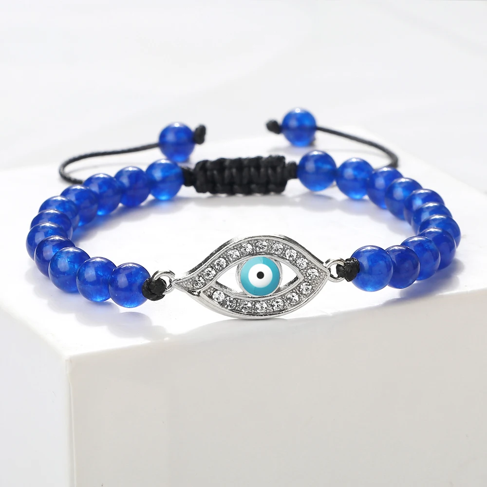 New Crystal Evil Eye Couple Bracelet 6mm Chalcedony Natural Stone Beaded Bracelet&Bangles Chain Jewelry Gift Pulsera for Friend