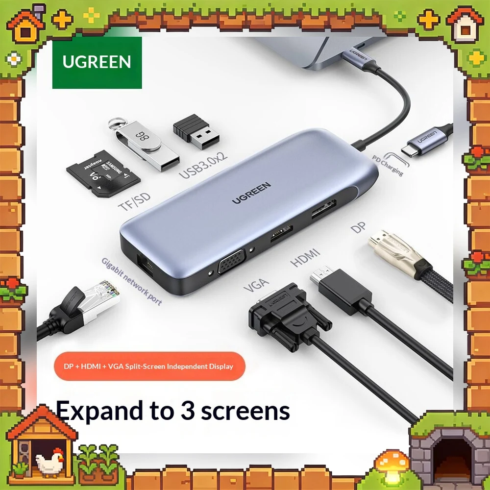 UGREEN 70301 USB C Hub 9 in 1 with DisplayPort 4K HDMI VGA USB 3.0 SD TF PD Type C Docking Station