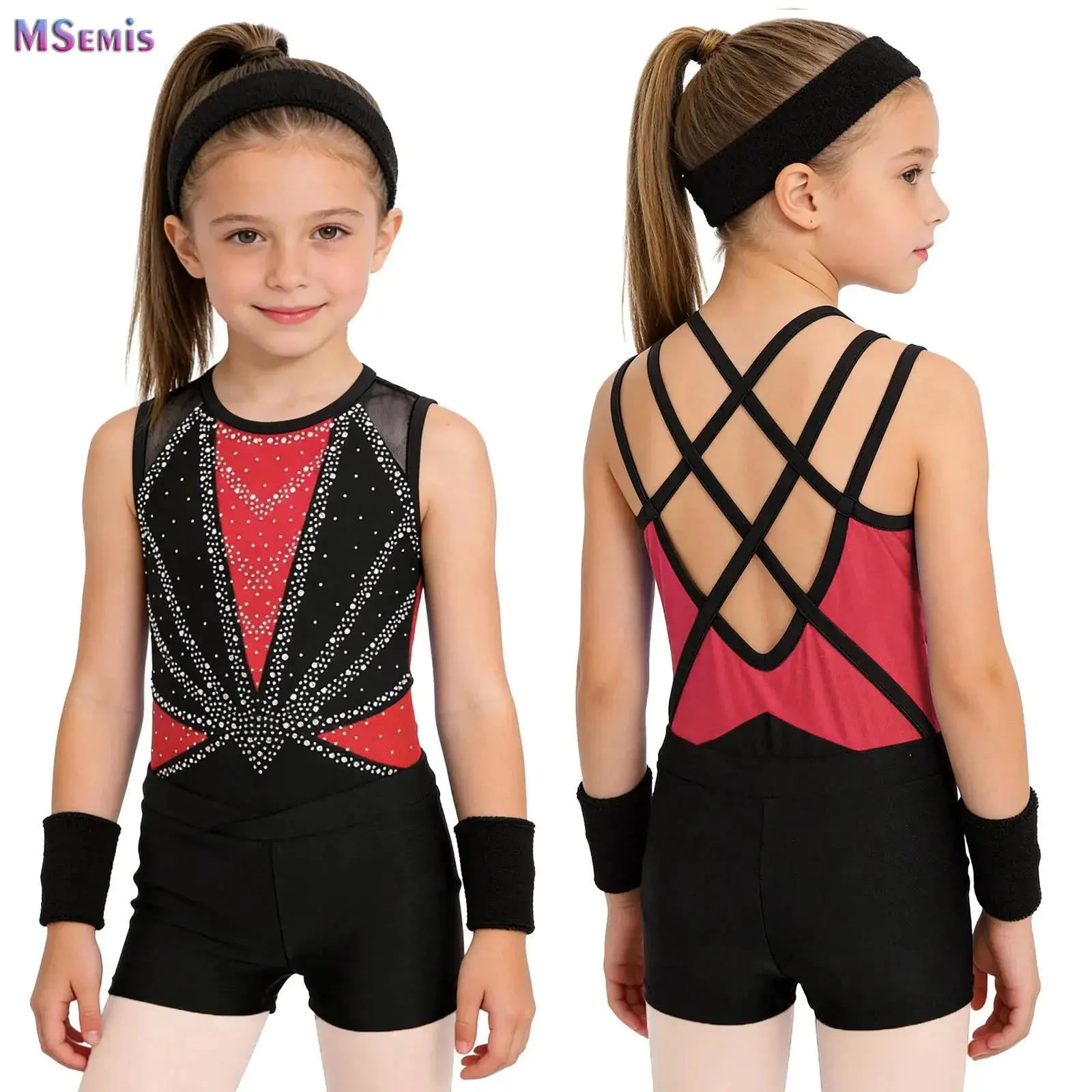 

Kids Girls Figure Skating Bodysuit Ballet Dance Jersey Gymnastics Leotard Tops Shiny Rhinestones Tank Unitard and Sports Shorts