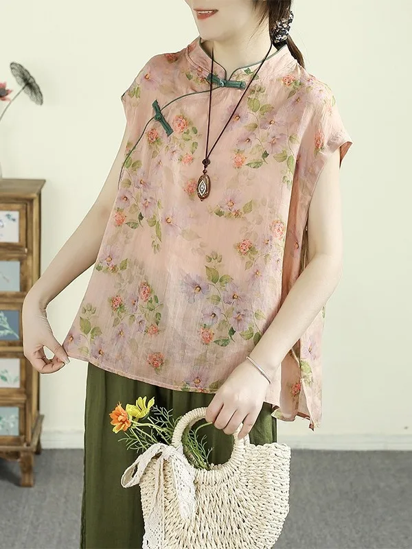 

Summer 2025 Women's Artistic Print irt Button Front Asymmetrical Hemline Overhead Sle Tea Ceremony Clothing Slim Fit