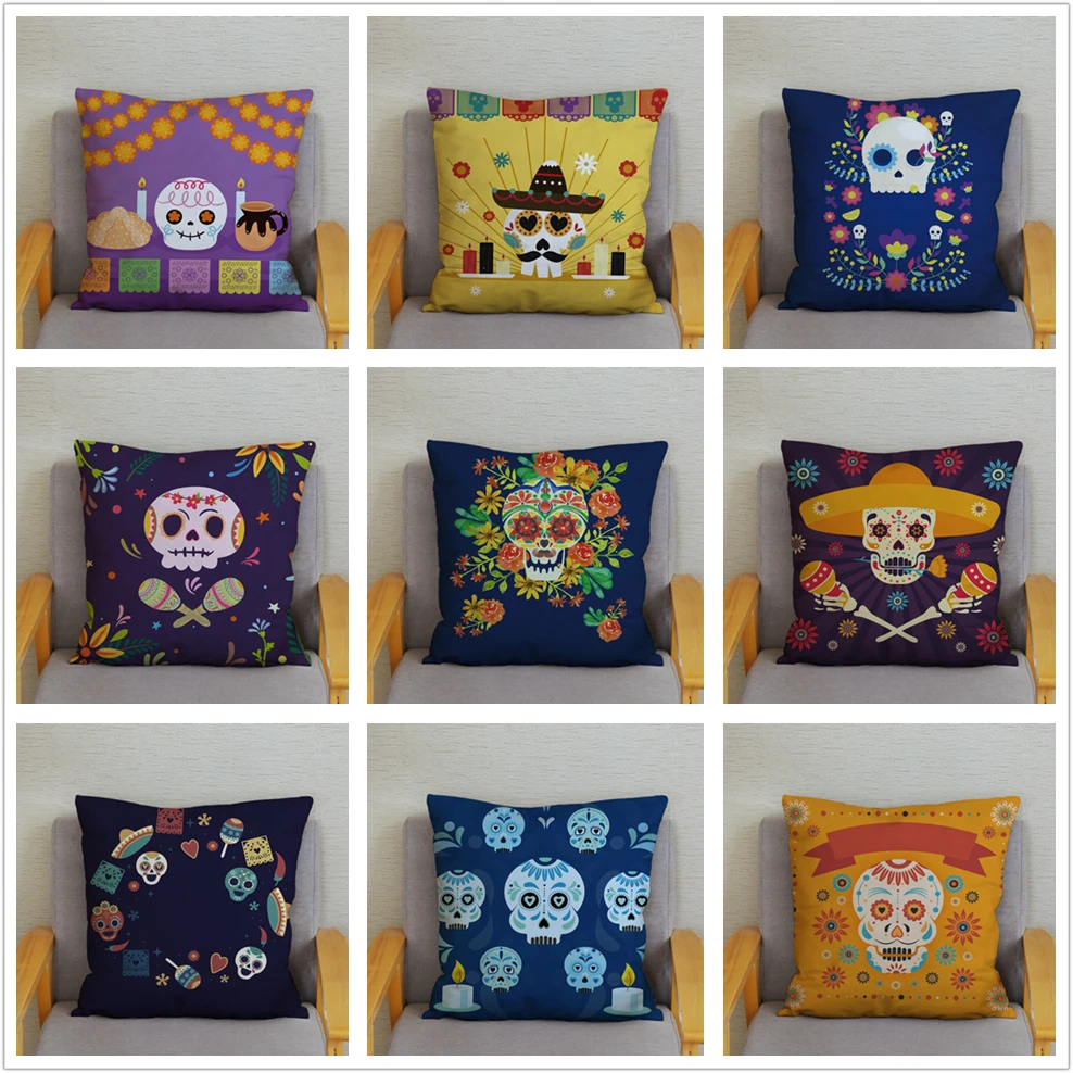 Mexican Day of The Dead Pillowcase Bedroom Living Room Sofa Home Decoration Cartoon Flower Skull Print Cushion Cover