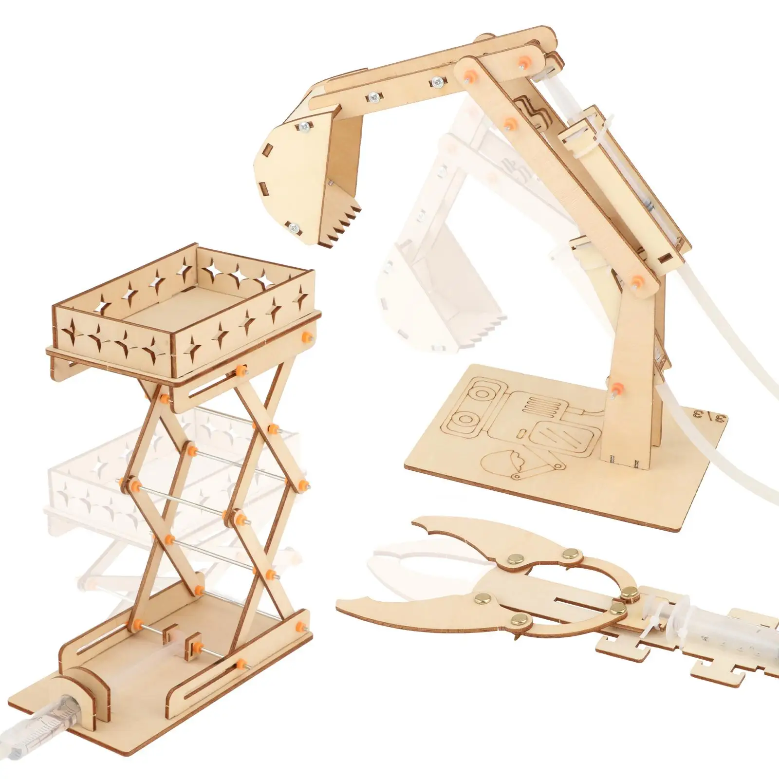 DIY Hydraulic Lifting Platform, Excavator and Arm 3D Wooden Puzzle Engineering Mechanical Crafts for Kids Teaching Prop