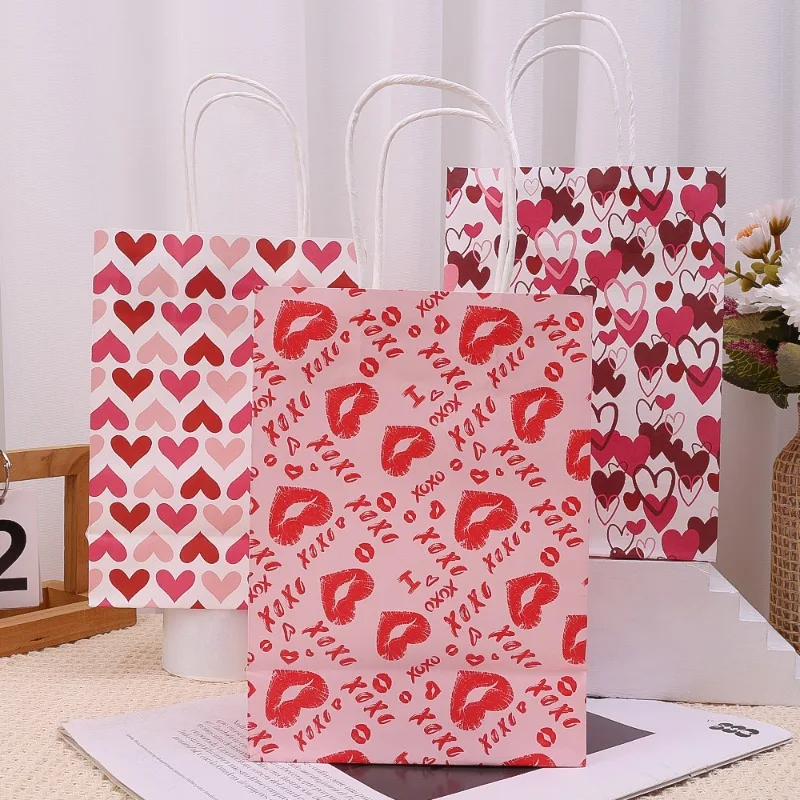 1/10Pcs Valentines Day Gift Bags with Handles Pink Love Hearts Paper Bags Valentine's Day Wedding Party Decoration Accessories