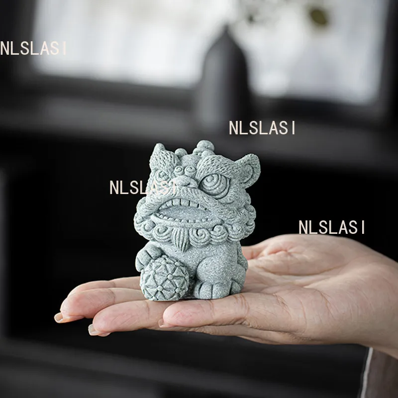 Adorno Qilin de Piedra Arenisca Verde Estilo Chino, Mini Figura de Danza del León, Mascota de Té, Decoración de Paisaje, Accesorios para Set de Té, Utensilios de Té para el Hogar