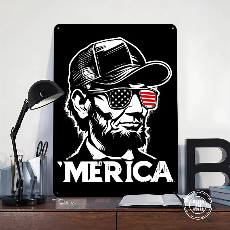 Abraham Lincoln With American Flag Sunglasses Tin Poster Customized Wall Art Retro Vintage Metal Signs for Fans Room Home Decor