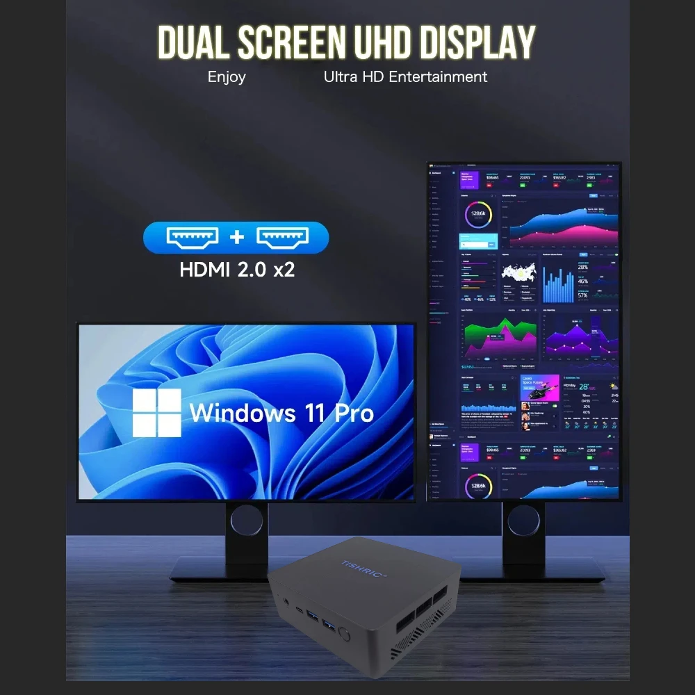 Microcomputador TISHRIC N100 de 12a geração |   Mini PC industrial de tela dupla 4K |   Memória DDR4 |   Micro PC para escritório doméstico