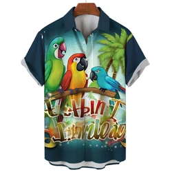 Camisa retrô de papagaio havaiano extragrande masculina, Coco, Carro, Casual, Floral, Manga curta, Roupa de árvore, Solto, Verão, Moda, 2024