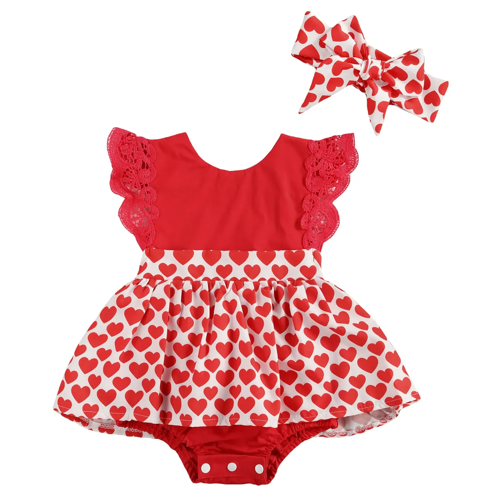 

Newborn Baby Girls Valentine Jumpsuits Love Heart Outfits - Romper Dress with Headband Two Piece Summer Clothes