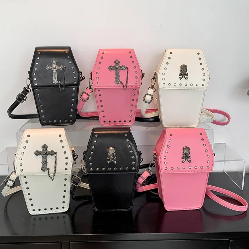 Novelty Coffin Shape Purses Halloween Cartoon Gothic Crossbody Bags PU Leather Women's Cell Phone Bag Cosplay New Lolita Satchel