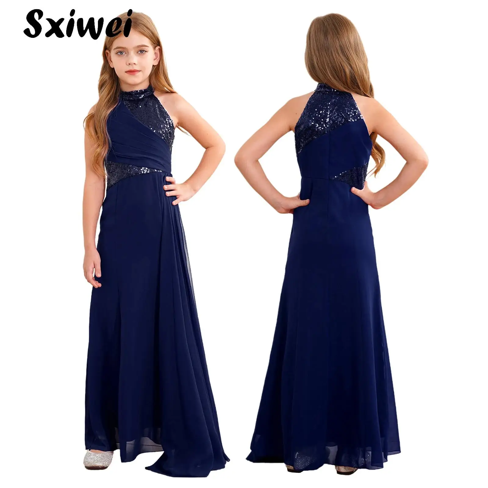 Kids Flower Girls Dress Elegant Sequin Sleeveless Tulle Pleat Overlay Maxi Dress Gown for Wedding Party Pageant Evening Birthday