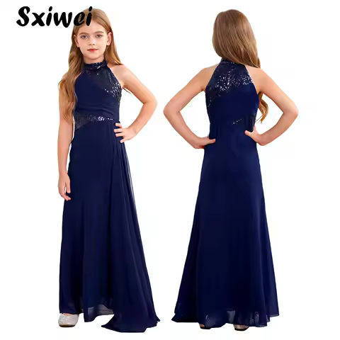 Kids Flower Girls Dress Elegant Sequin Sleeveless Tulle Pleat Overlay Maxi Dress Gown for Wedding Party Pageant Evening Birthday