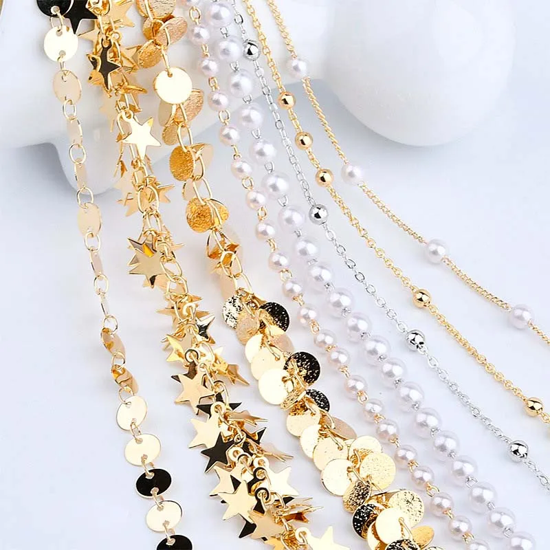 

1M Metal Copper Chain Fashion Link Star Round Chain Imitation Pearl for Jewelry Making DIY Handmade Supplies Accessories