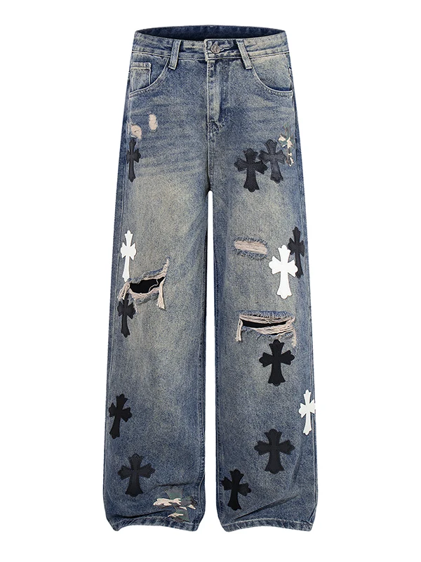 Jeans Estilo Americano Trendy com Furos, Calças Longas Largas para Homens e Mulheres, Jeans de Algodão Estilo Street