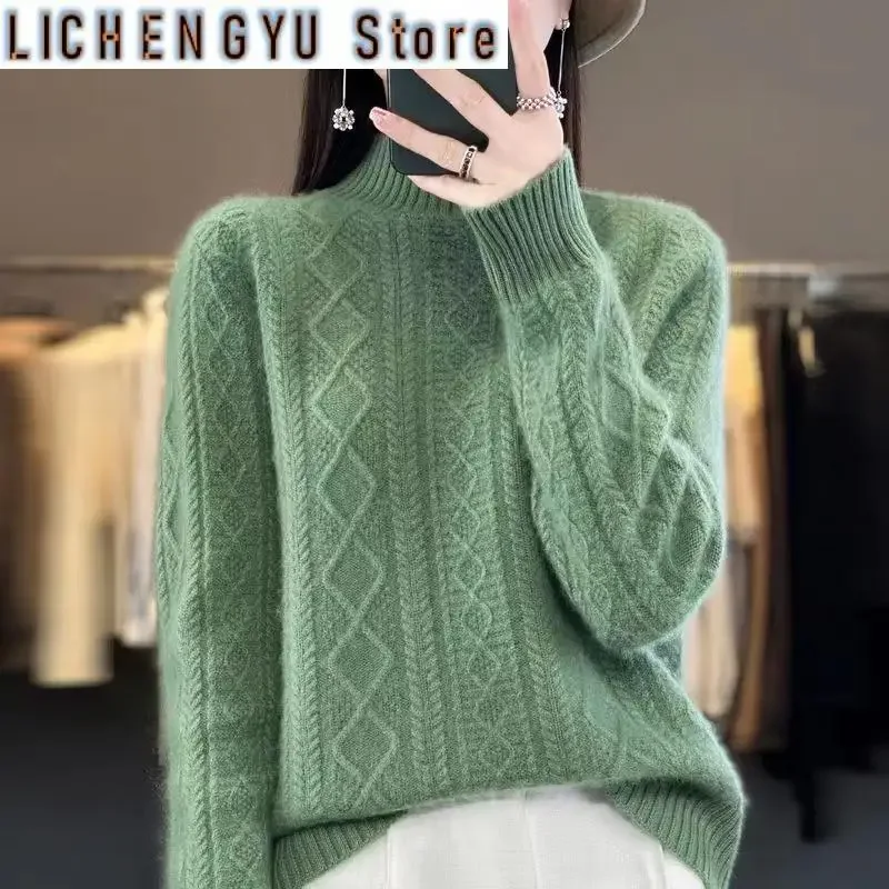 

autumn and winter new semi high collar pullover knitted cashmere sweater for women, loose and thick long sleeved top