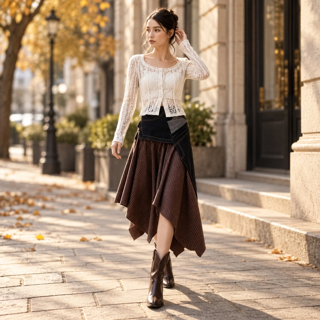 Striped Patchwork Skirt Midi Streetwear with Asymmetrical Hem Utility Regular Thickness Contrast Stitching Autumn Women Skirt