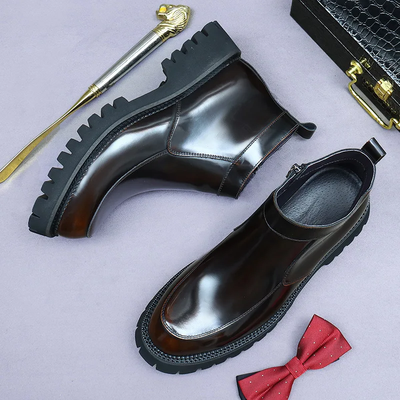 

Men's Genuine Leather Platform Ankle Boots Zipper Closure Thick Sole Chelsea Boots for Men Streetwear Casual Trendy Footwear