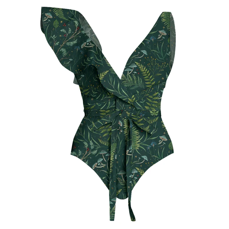 Fashion Green Floral Print One-Piece Swimsuit Set With Skirt Tight Women's Slim Bow Tie Bandage Summer Luxury Beach Wear Bikini