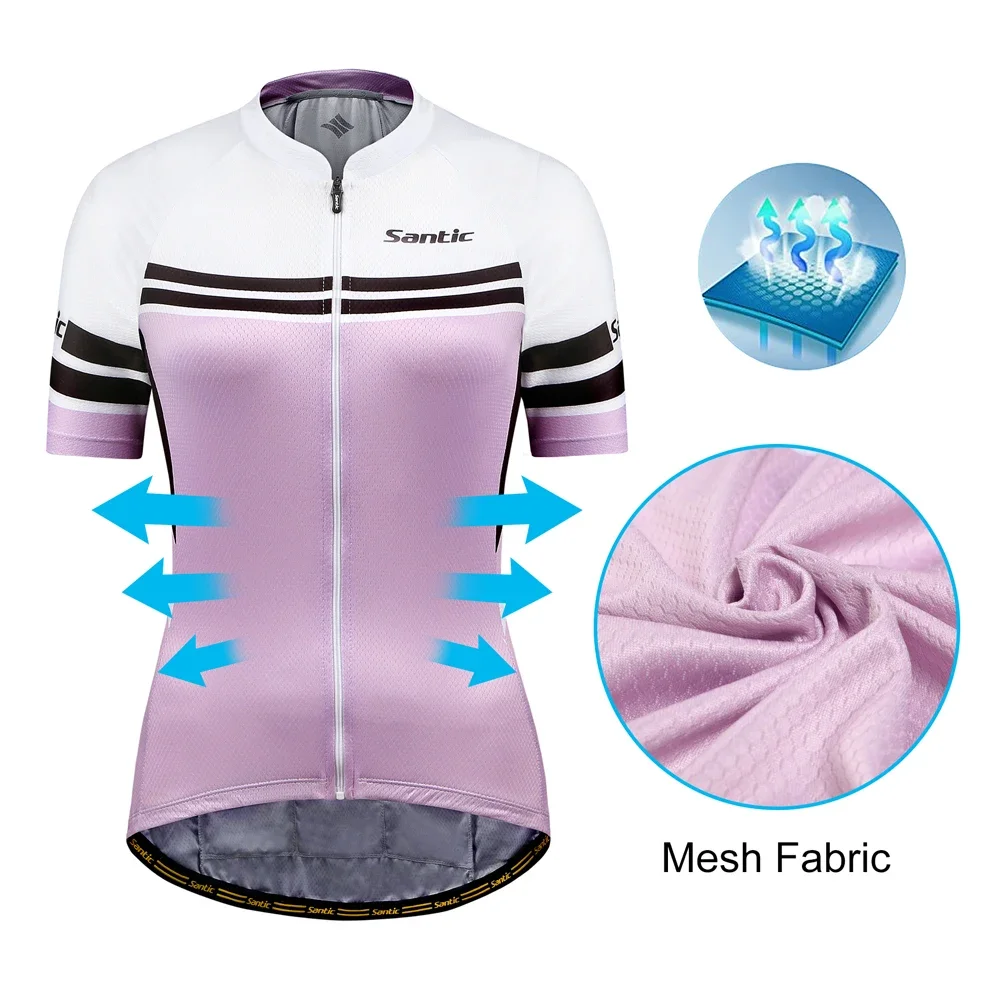 Santic Women Cycling Jersey Summer Quick Dry Breathable Mesh T-Shirts Reflective Outdoor MTB/Road Riding Short Jersey Biker Tops