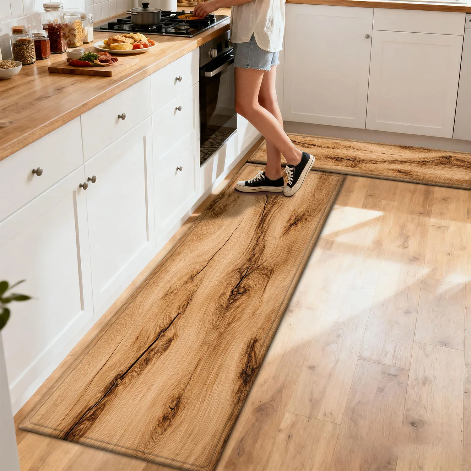 Natural Wood Crack Runner Rug, Vintage Plank Flannel Floor Mat, Non-Slip Washable Soft Carpet for Kitchen Hallway Bedside