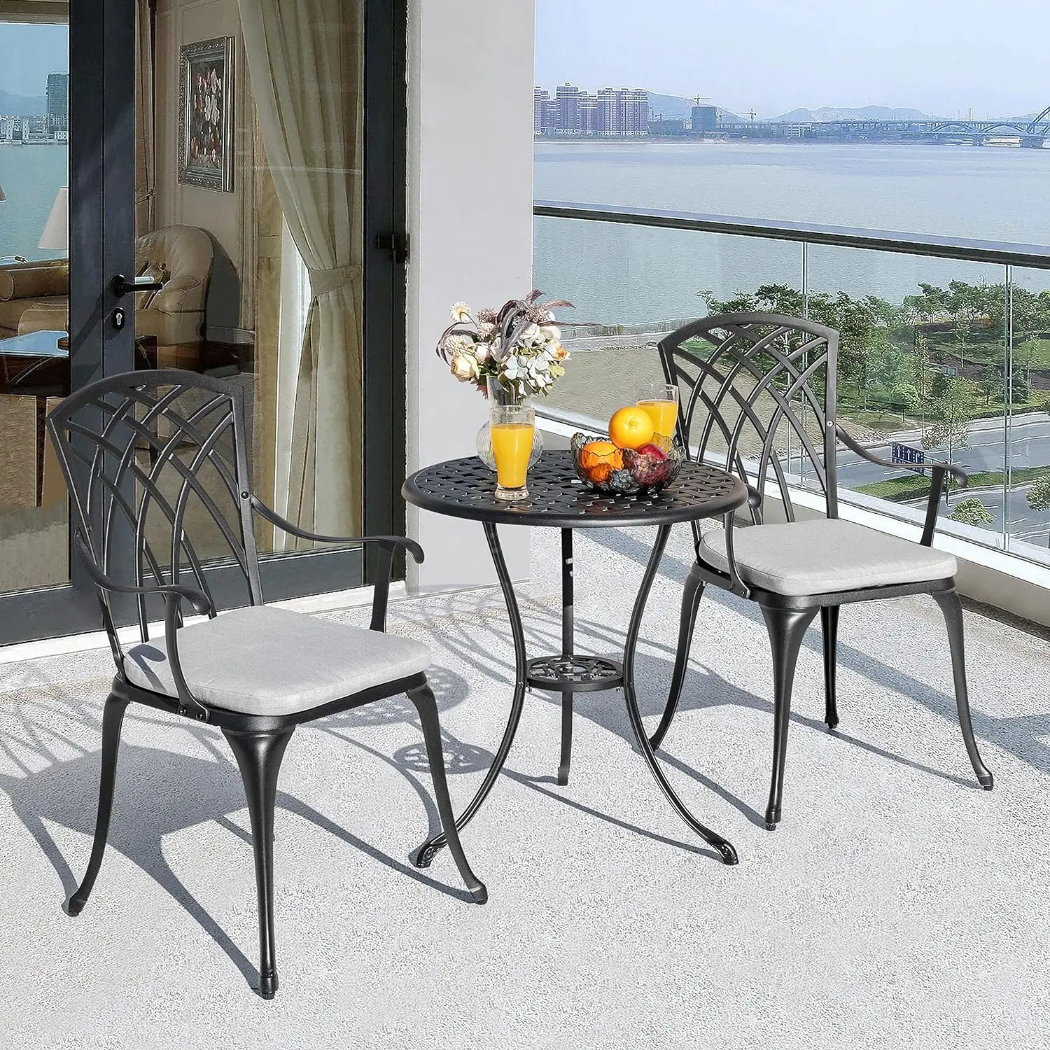 

3 Piece Bistro Table Set Cast Aluminum Outdoor Patio Furniture with Umbrella Hole and Grey Cushions Black