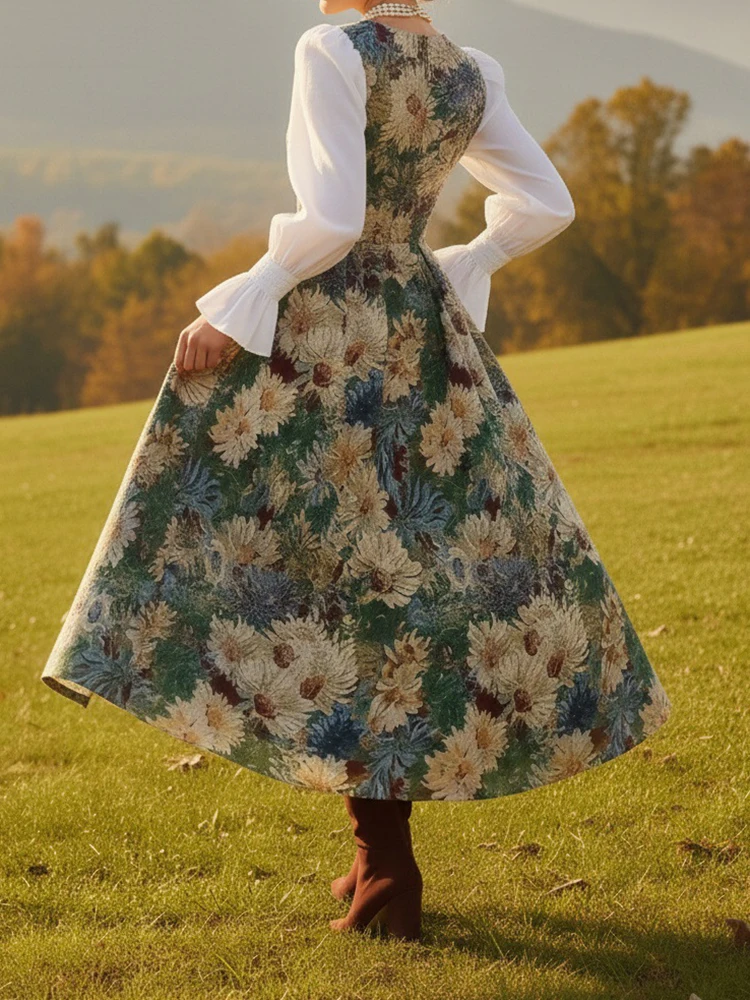 Robe longue à imprimé Floral pour femmes, tenue de soirée dans le jardin, coupe cintrée, élégante, col en v, manches lanternes, printemps, nouvelle collection 2026