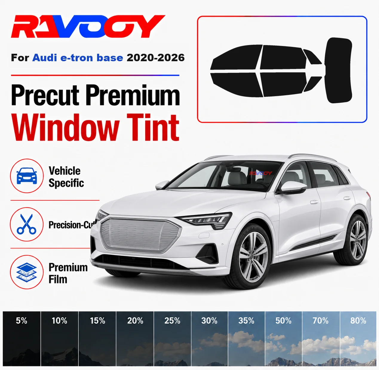 

Premium Precut Window Tint Kit Front Rear Windows Rear Windshield For Audi e-tron base 2020-2026 Complete Set Nano Ceramic Film