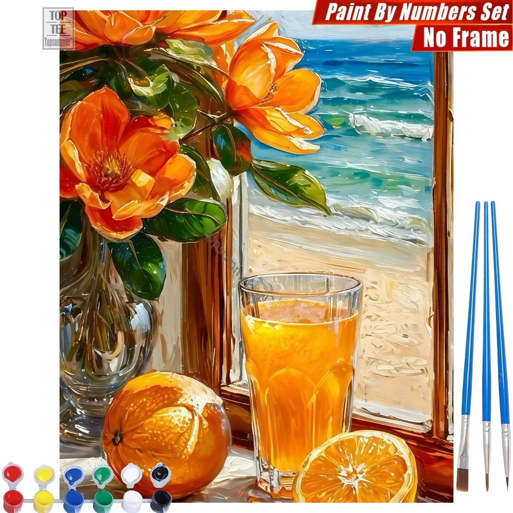 Set de pintura por números DIY de flores naranjas en bodega - Mar azul en el alféizar, actividades para el hogar, regalo del Día de Muertos para colega