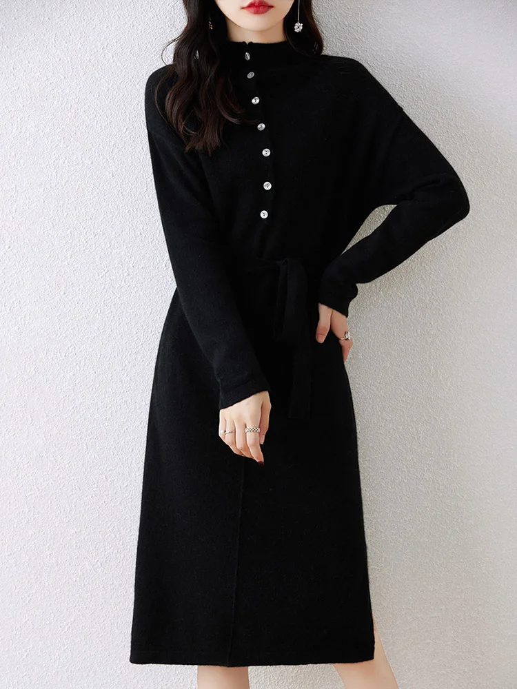 Women Wool Dress Sweater 100% Merino Wool Knitwear Autumn Winter Pullover Buttons Lace-up Cashmere Pockets Cozy Mock Neck Skirts