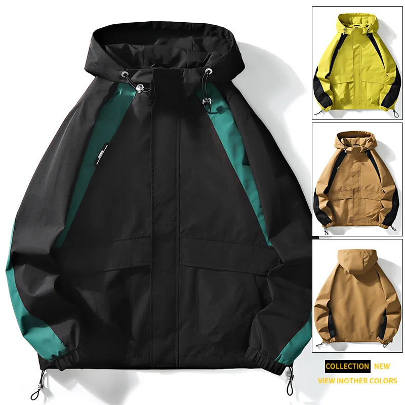 

Men'sspring and Autumn New Hooded Loose Fitting Work Clothes, Trendy Outdoor Windproof and Waterproof Color Matching Casual Coat