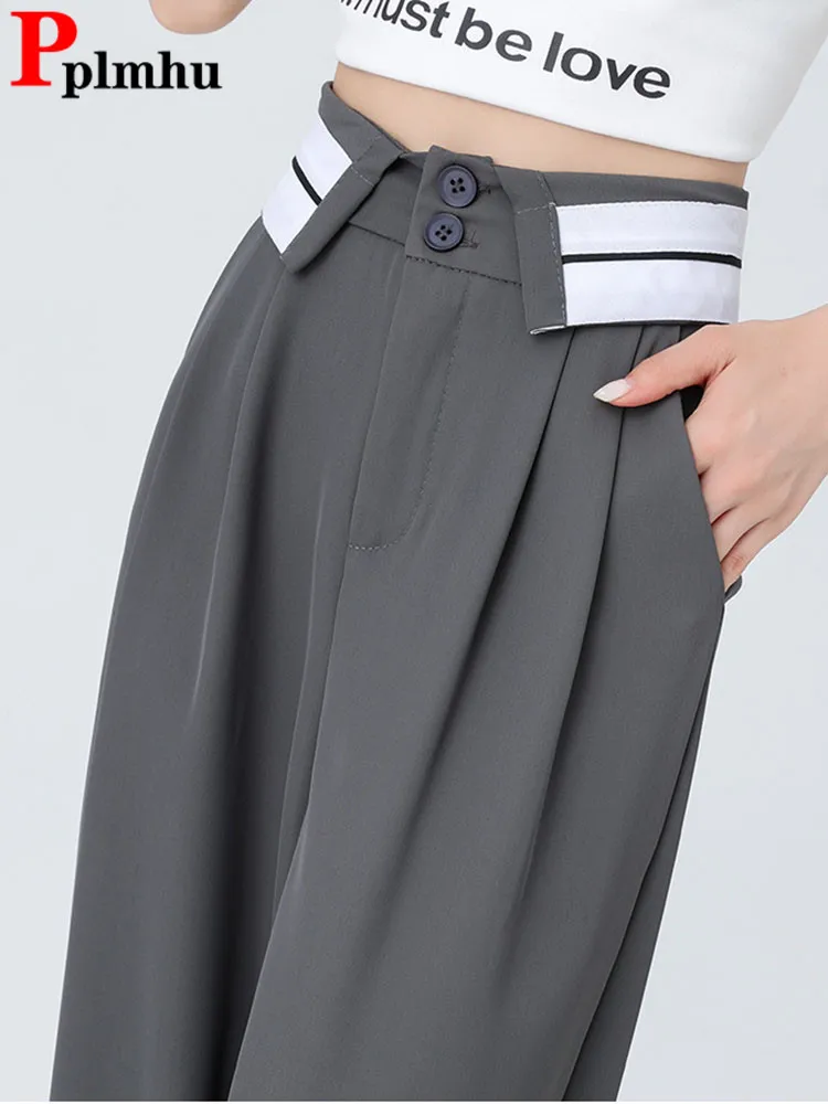 

Chic Lapel Design Baggy Straight Suit Pants Women Casual High Waist Loose Wide Leg Pantalones Korean Office Formal Grey Calca