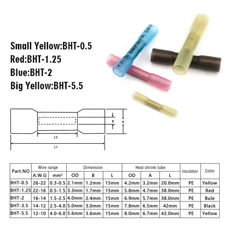 10/20/30/50PCS Heat Shrink Butt Wire Connectors Waterproof Insulated Automobile Wire Cable Crimp Terminals 26-10 AWG 0.3-6.0mm2