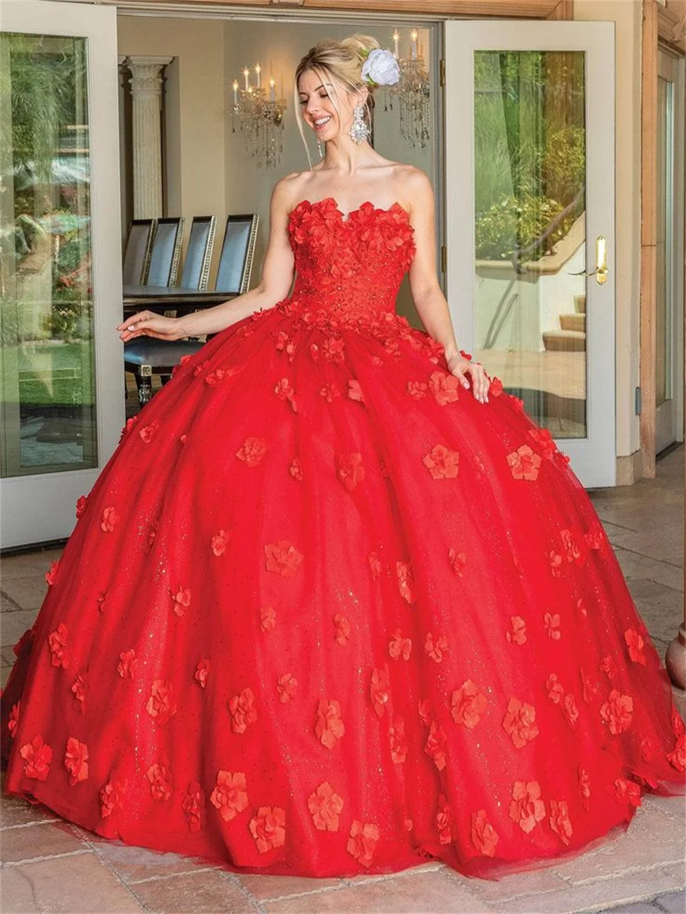 Amanda Gorgeous Ball Gown Prom Dress Red 3D Flower Vestidos De Fiesta Queen Strapless Flower Wedding Dress فساتين سهرة