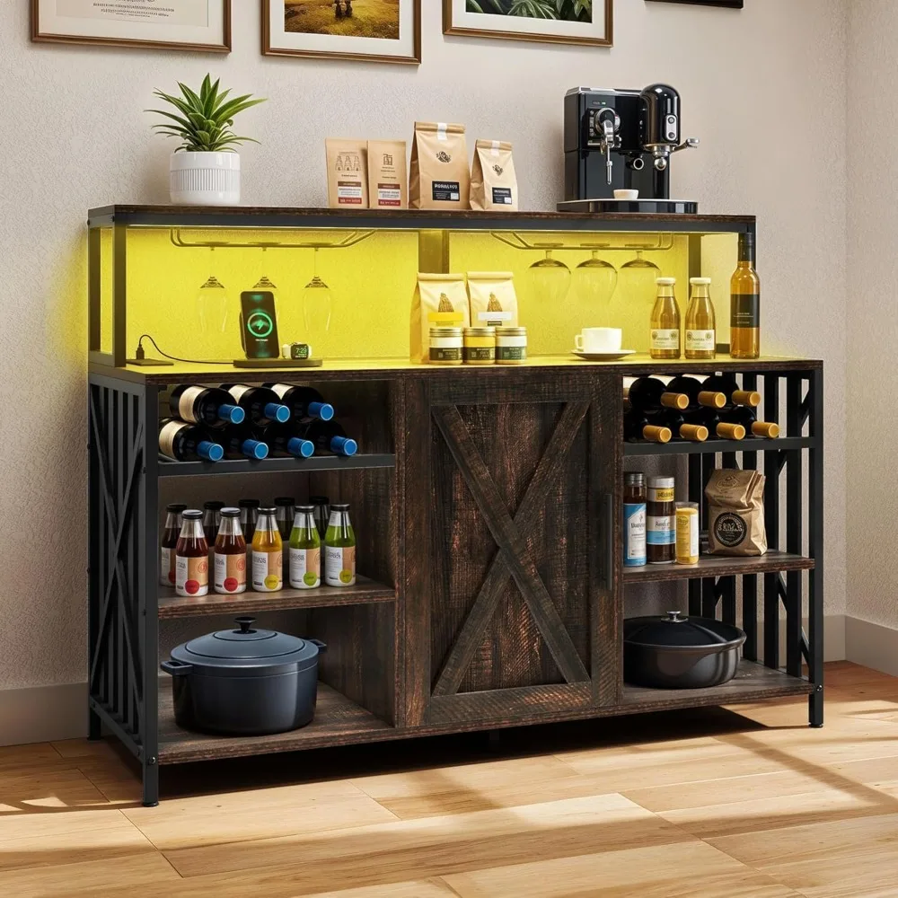 

47" Bar Table Cabinet with Power Outlet and LED Lights Wine Rack Storage Buffet with Glass Holder Liquor Cabinet for Dining Roo