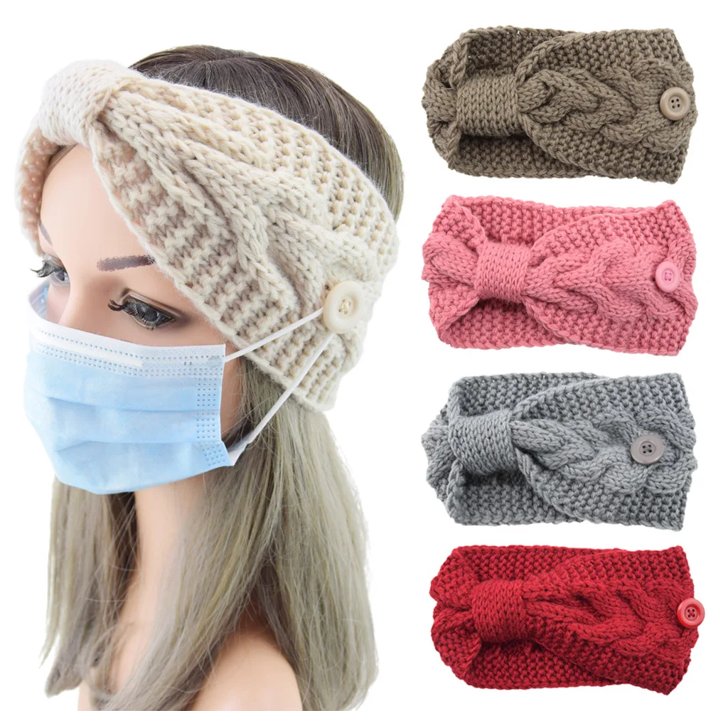 1pc Winter Warm Headband with Button for Women Girls Cross-Knot Knitted Ear Warmer Headwear Elastic Head Wraps Hair Accessories