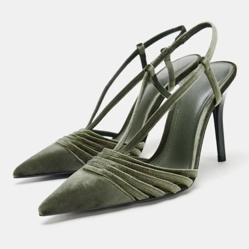 

Женские туфли на высоком каблуке с эффектом бархата, сексуальные, с острым носком, ремешками и эластичной задней застежкой, удобные