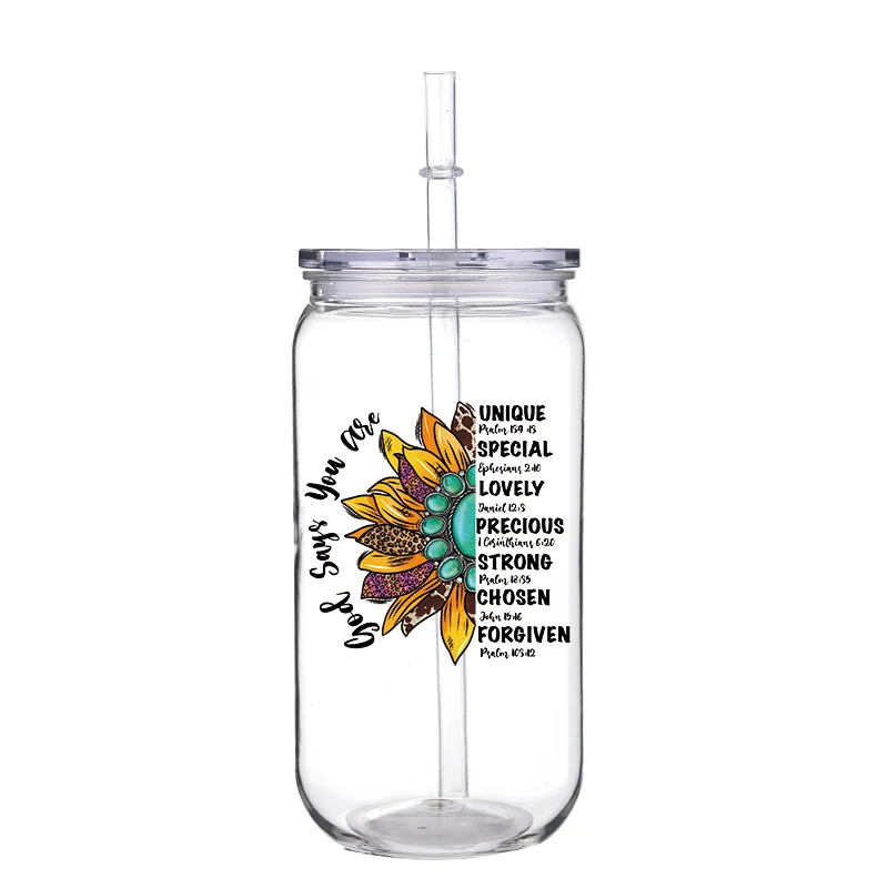 God Sunflower 16oz Printed PET Cup With Straw Transparent Lid Can Hold Milk Coffee Drinks High Quality Cups Simple To Clean