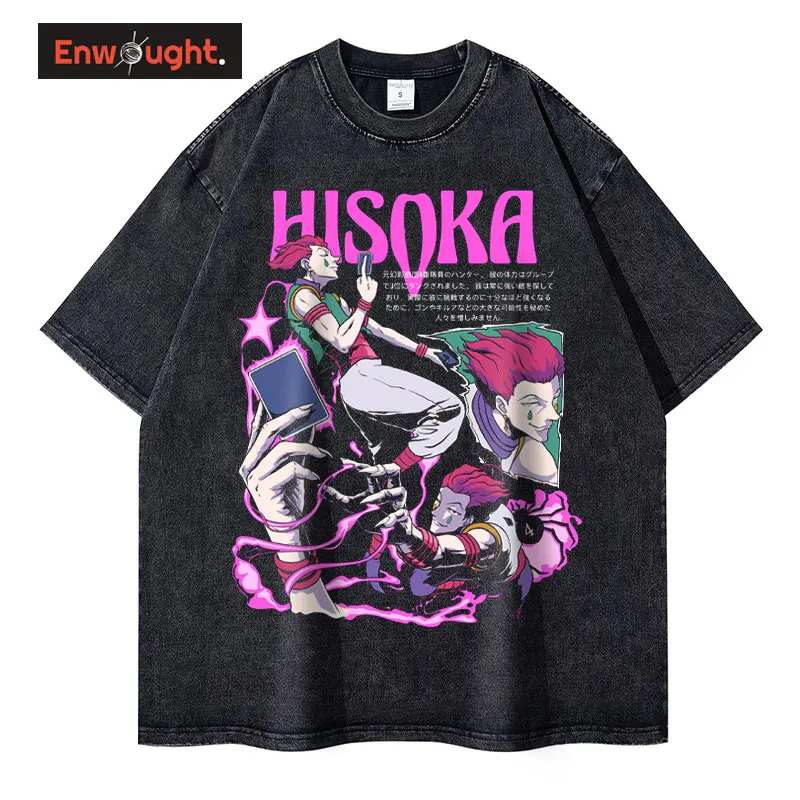 Anime Hunter x Hunter T-shirts Vintage Washed Hisoka T Shirt Oversized Streetwear Retro Manga Killua Gon Chrollo Tops Tees Men