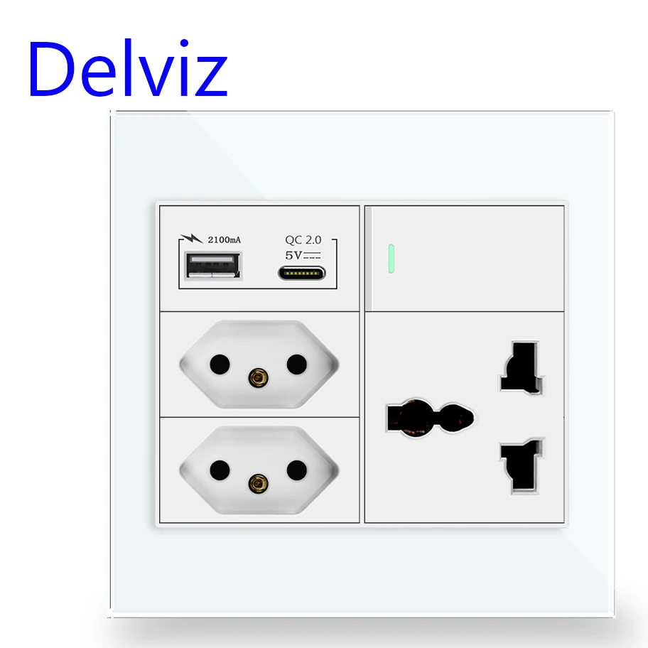 Delviz Brazil Standard Power Socket, AC 110V~250V, 10A socket with switch, 120mm*120mm Glass Panel, Type C USB Universal Socket