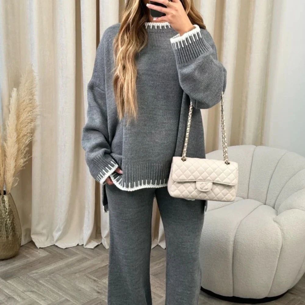 Women Knitting 2 Piece Set Casual Loose O Neck Pullover Top Wide Leg Pants Two Piece Outfits Fashion Color Matching Home Suit