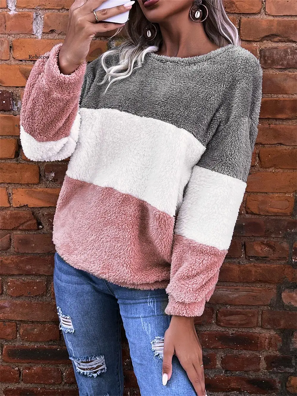 Fashion Pullover Woman Casual Top Long Sleeve Colorblock O-neck Flannel Sweatshirt Autumn Winter Hoodie Female